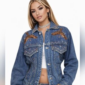 Freego Y2K Rhinestone Studded Embroidered Denim Jacket Western Bling Jean Coat M